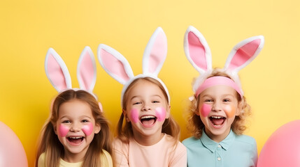 Happy girls in bunny ears celebrating easter