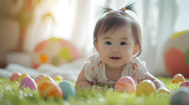 Happy Asian baby and colorful easter eggs