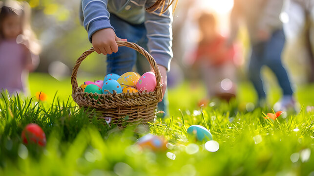 A joyful child collecting colorful Easter eggs in a basket in the garden on a sunny day.