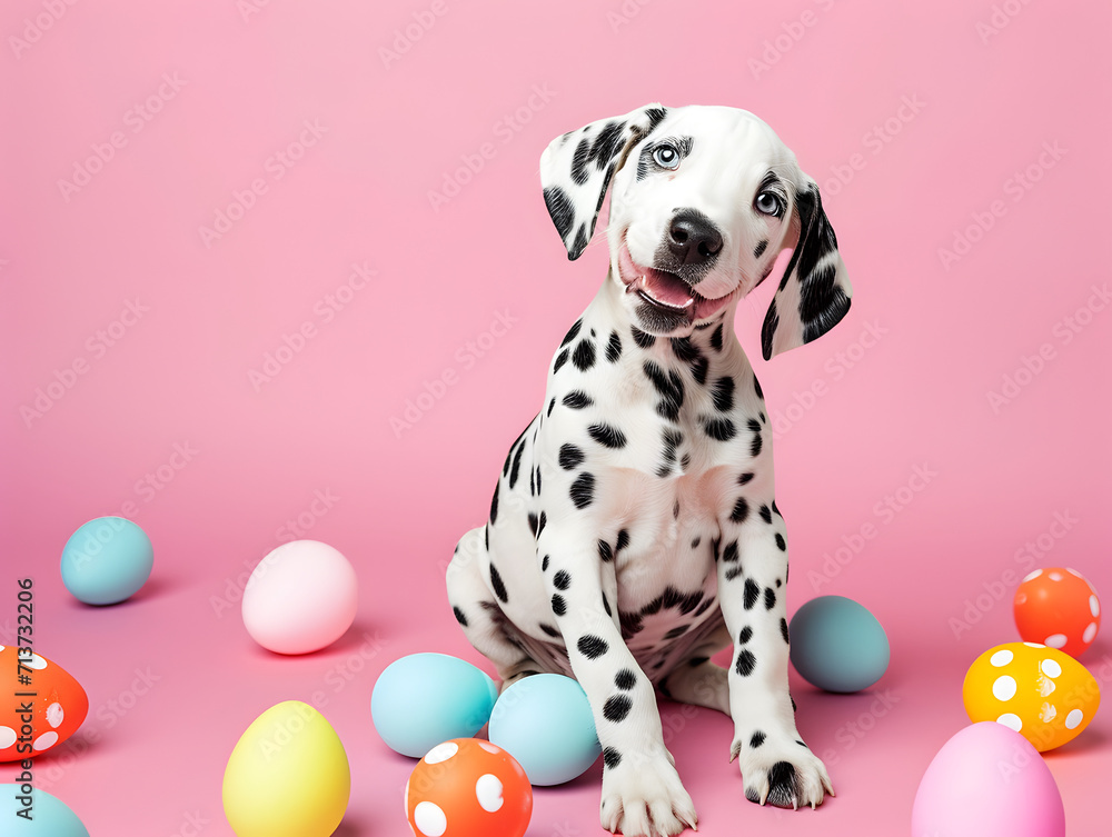 Wall mural Cute dalmatian puppy and colorful painted easter eggs. Concept of happy easter day.