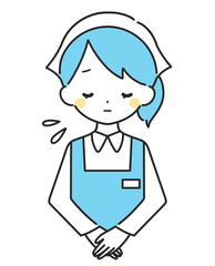 水色｜お辞儀をして謝罪する女性店員｜エプロン
