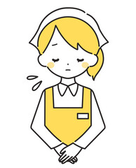 黄色｜お辞儀をして謝罪する女性店員｜エプロン