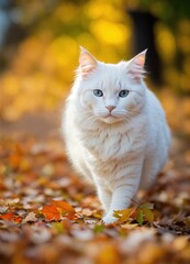 Naklejka na ściany i meble Cute Beautiful White cat in Autumn Fluffy 