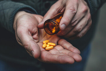 Close up of male hands holding pills. Focus on foreground, soft bokeh.