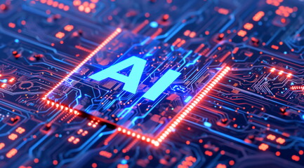 AI chip on pcb. Artificial intelligence microchip. AI chipset on circuit board. Future technology,...