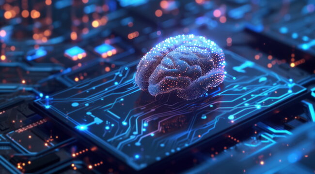 Computer brain. Artificial intelligence concept. Brain on circuit board. Digital brain. Future technology, neuronal network and AI concept