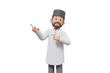 3d illustration of man muslim greeting, pointing and showing something at camera with transparent background