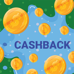 Golden coins falling with bubbles on blue background, CASHBACK text in center. Reward program, money cash back, finance savings vector illustration.