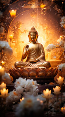 Statue of Buddha in lotus pose, radiating peace in ethereal garden, surrounded by floating lotus flowers, a mystical golden glow. spiritual enlightenment. Meditation and Eastern practices. Buddhism.