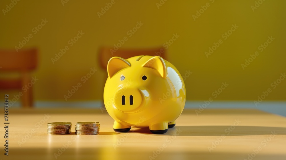Poster a piggy bank sits on top of a table with coins. generative ai.
