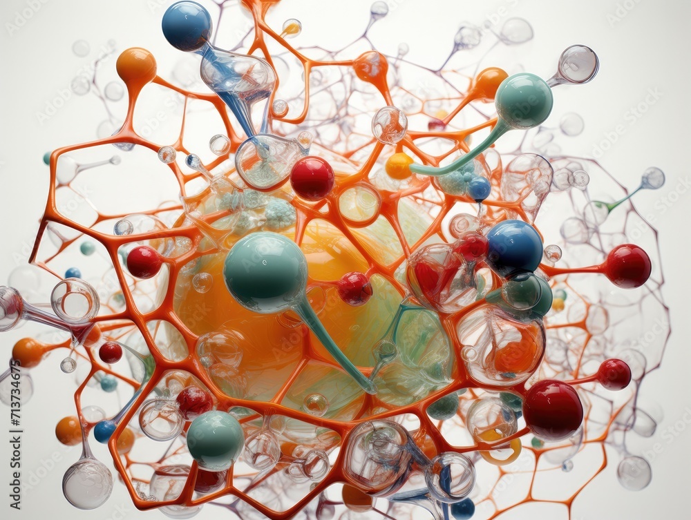 Poster 3d rendering of a molecule with many different colored spheres. generative ai.