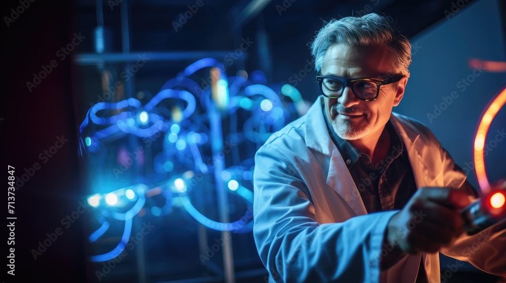 Poster a man in a lab coat is holding a glowing object. generative ai.