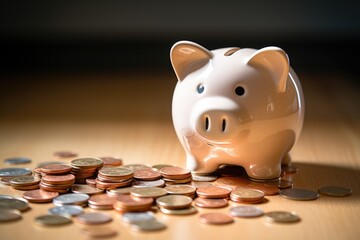 Piggy bank with coins on wooden table. Generative AI.