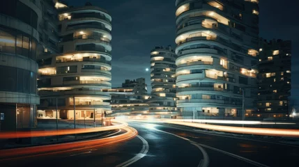 Tuinposter Snelweg bij nacht A city street at night with lights and cars. Generative AI.