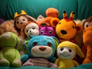 A group of stuffed animals sitting on a couch. Generative AI.