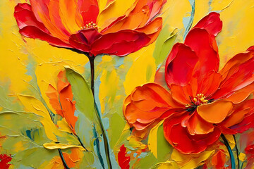 Modern art paintings flowers with yellow, red color. Abstract colorful oil, acrylic painting of spring flower