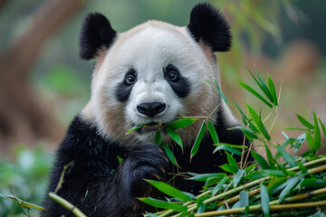 "Bamboo Bliss: Captivating Moment of a Panda Relishing Fresh Bamboo Delights"
