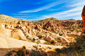 Unique rock and stone formations in the Red valley near  near Goreme,a UNESCO world heritage site situated in Nevsehir Province, in the Cappadocia Region, Central Anatolia,Turkey.