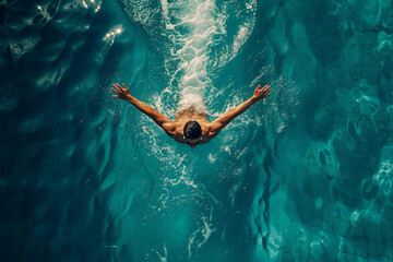 "Aquatic Mastery: Aerial Top View of a Professional Male Swimmer Training for Championship, Showcasing the Butterfly Technique in a Swimming Pool"