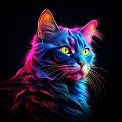 Beautiful colored neon cat animal image Generative AI