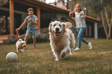 "Familial Frolic: Joyful Young Couple and Kids, Playing Ball with an Energetic White Golden Retriever in the Front Yard – A Scene of Cheerful Togetherness"