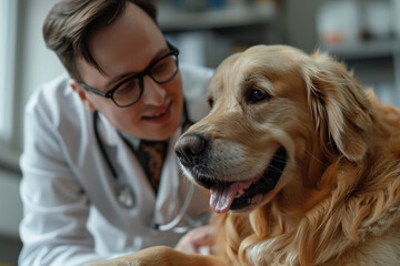 "Compassionate Connection: Portrait of a Young Veterinarian Bonding with a Noble Golden Retriever in a Modern Veterinary Clinic, Capturing a Moment of Joyful Harmony"