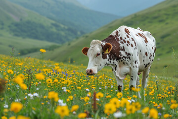 "Alpine Serenity: Spotted Cow Grazing Peacefully in a Picturesque Mountain Meadow"