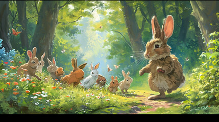 Whimsical scene of a rabbit leading a group of woodland creatures in a whimsical parade, bringing joy and laughter to the forest, whimsical, woodland parade, hd, with copy space