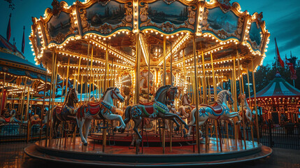 Whimsical carousel with intricately designed animals and glowing lights, capturing the nostalgic charm of a fairytale carnival, whimsical, carousel, hd, with copy space