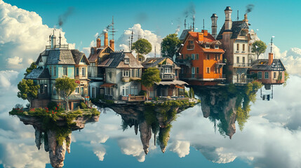 Surreal landscape of upside-down houses and floating islands, challenging the norms of gravity in a whimsical and mind-bending setting, whimsical, upside-down world, hd, with copy - obrazy, fototapety, plakaty
