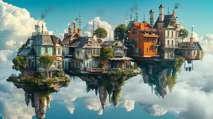 Foto op Aluminium Surreal landscape of upside-down houses and floating islands, challenging the norms of gravity in a whimsical and mind-bending setting, whimsical, upside-down world, hd, with copy © Kateryna
