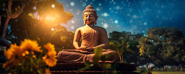 Serene stone statue of Buddha in meditation, enveloped by warm sunset, twinkling stars against a nighttime forest, creates atmosphere. Tranquility, meditation. Transformation, spiritual awakening.