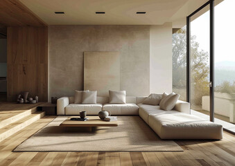 Fototapeta na wymiar A photo of a minimalist living room in a modern house with stylish furniture and neutral colors. Modern interior design concept.