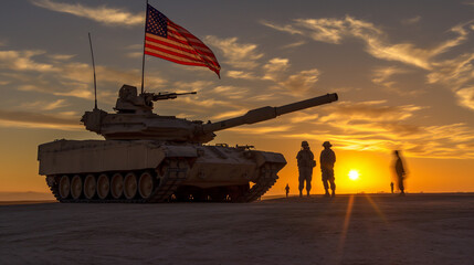 Soldiers and tanks with USA flags on Memorial Day or other events. - obrazy, fototapety, plakaty