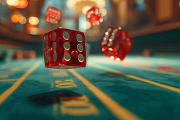 "Dice in Motion: Capturing the Action of Throwing Dice on a Craps Table in a Dynamic Shot."