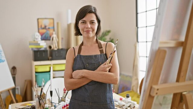 Confident young hispanic artist, a beautiful woman standing in the art studio with crossed arms, her smile revealing the joy of creativity as she holds her trusted paintbrushes.