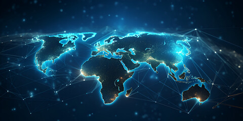Digital world map hologram blue background 