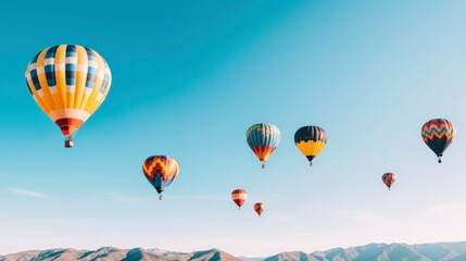 Fototapeta premium Hot air balloons flying over mountain at sunrise
