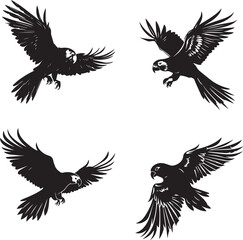 Set of Parrot flying black silhouette on white background 