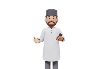 3d man holding a cellphone while interacting, expressing and smiling at the camera with a transparent background