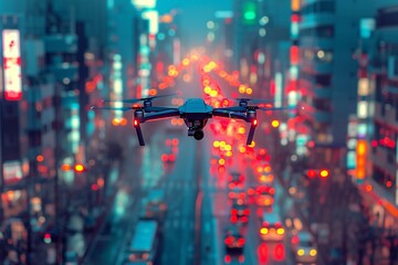 Urban drone traffic controller, high angle, managing autonomous drone delivery, futuristic cityscape, early spring, neon and holographic lighting, dusk,generative ai