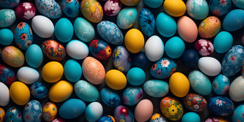 Fototapeta na wymiar A large pile of colorful eggs with the word easter on the top 