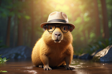 cute capybara with hat and glasses - obrazy, fototapety, plakaty