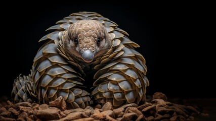 Close up image of a curled pangolin front view on dark background