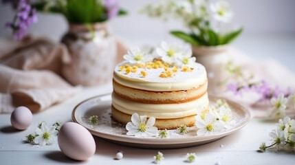 Obraz na płótnie Canvas Cake and eggs on the Easter table
