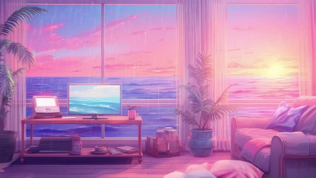 Living room lo-fi retro 80s and 90s background. Psychic Waves, nostalgia, vintage. Vaporwave, synthwave, chillwave. Wallpaper, template. Blurry pastel colors... Lofi desk window. Rain effect.