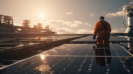 A worker in safety gear inspects solar panels on an industrial roof against the backdrop of a setting sun, symbolizing sustainable energy practices. - obrazy, fototapety, plakaty