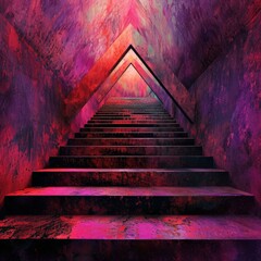 Color Damp Gritty Stairs going up and the Whole Scene looks like a Pyramid Triangle with Bold Lines - Colorful Triangle Pyramid Music Album Cover Background created with Generative AI Technology - obrazy, fototapety, plakaty