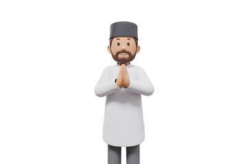 3d illustration of man muslim greeting, pointing and showing something at camera with transparent background