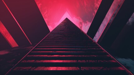 Color Damp Gritty Stairs going up and the Whole Scene looks like a Pyramid Triangle with Bold Lines - Colorful Triangle Pyramid Music Album Cover Background created with Generative AI Technology